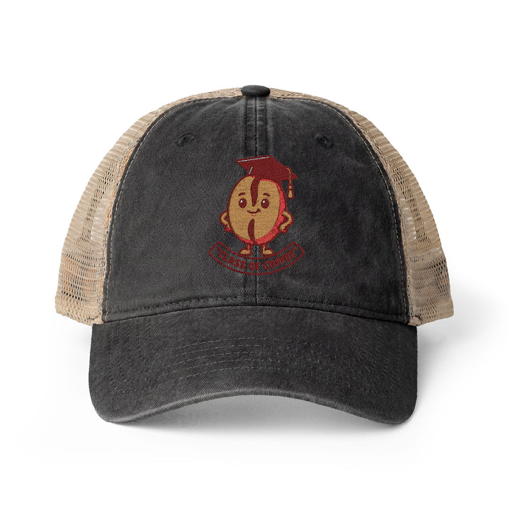 Black and beige cap with an orange and gray logo on a white background