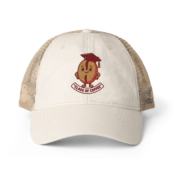Beige cap with a cartoon coffee bean design and &