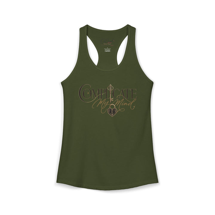 Green tank top with decorative text design on a white background