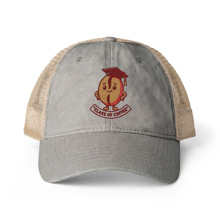 Gray cap with beige mesh back featuring a cartoon character and &