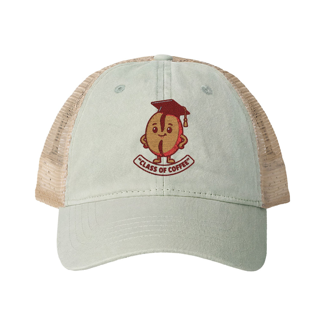Beige cap with brown mesh back and coffee bean character logo on a white background