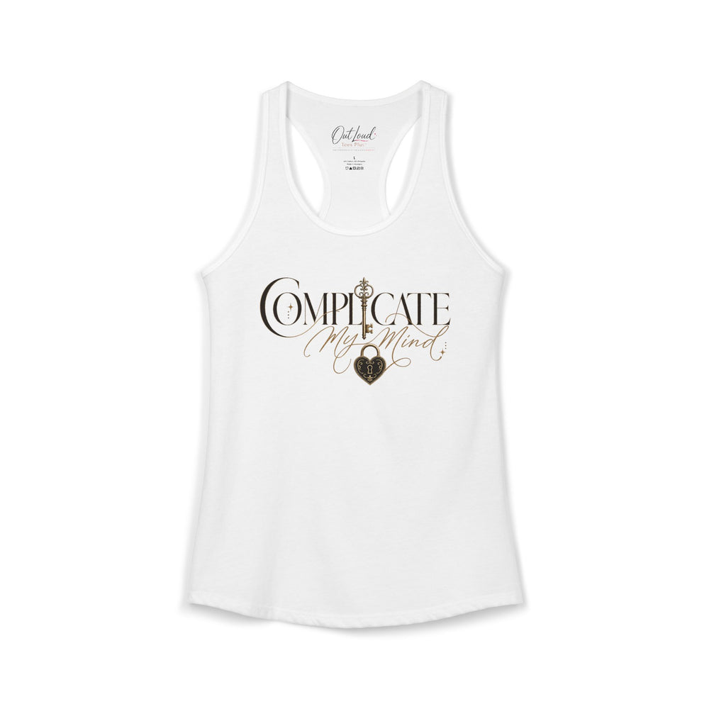 White tank top with decorative text and design on a white background
