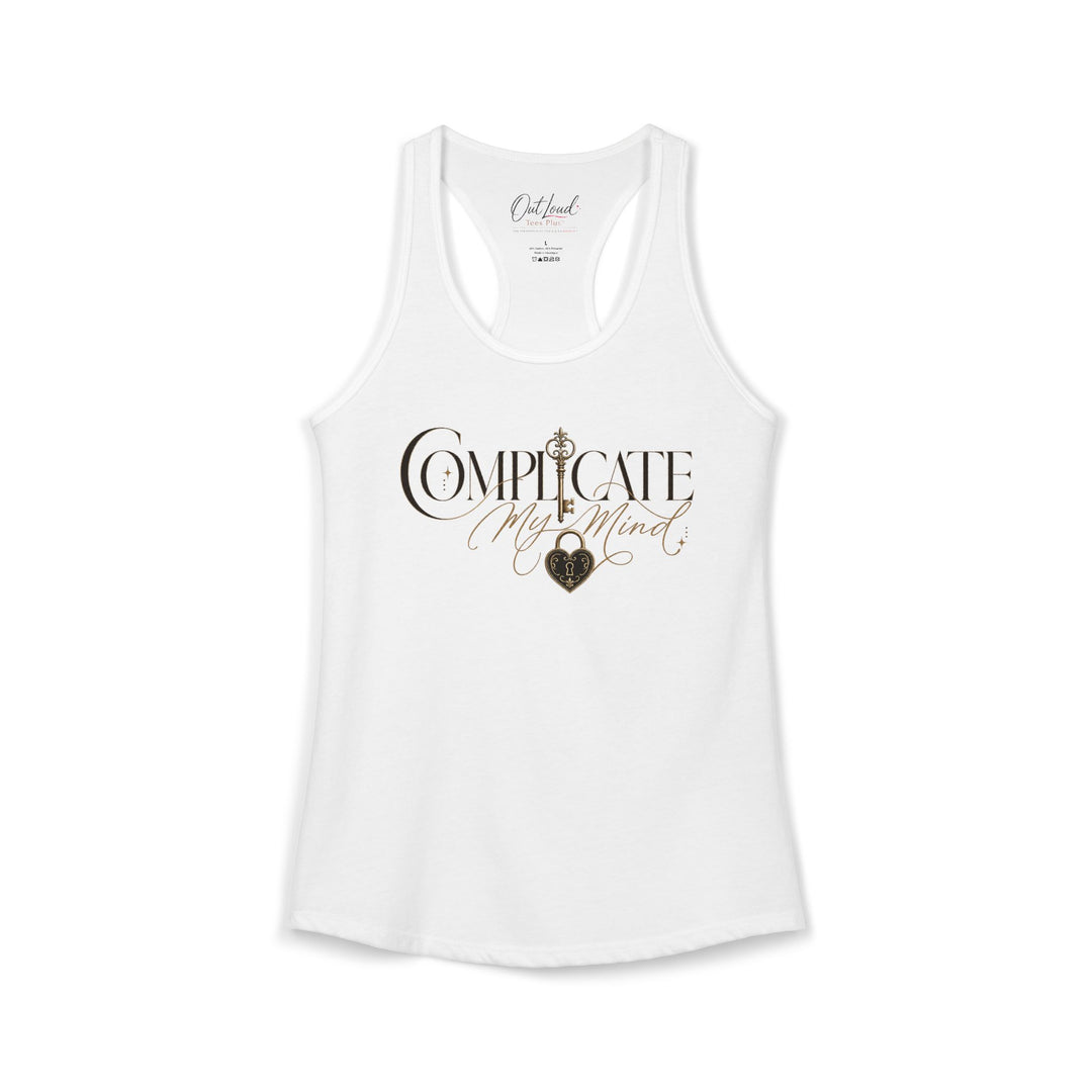 White tank top with decorative text and design on a white background