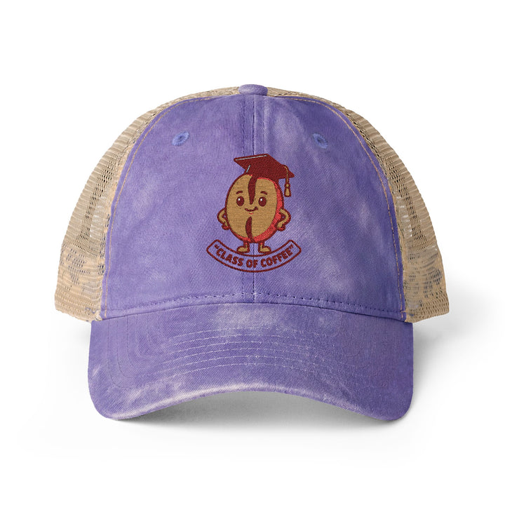 Purple trucker hat with a cartoon character and &