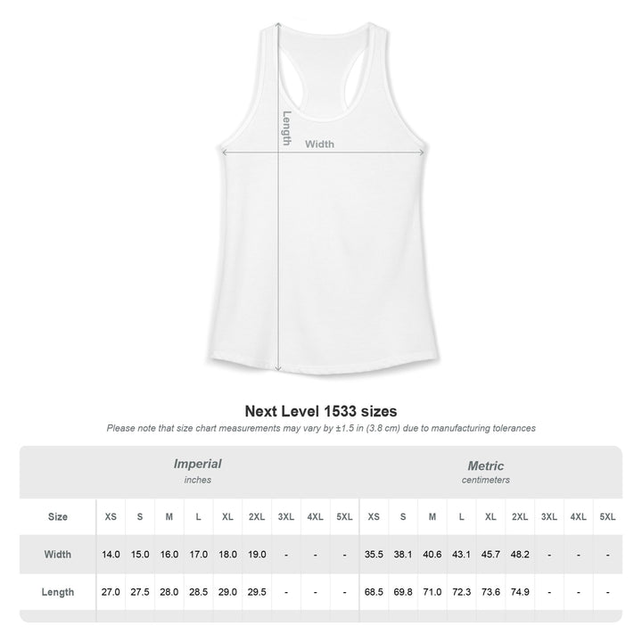 White tank top with measurement lines and size chart on a white background