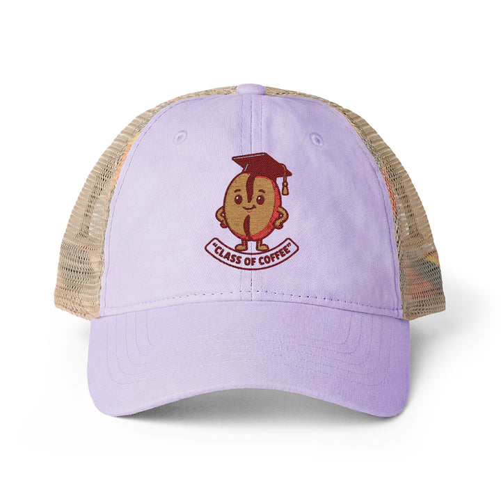 Purple trucker hat with a cartoon character and &