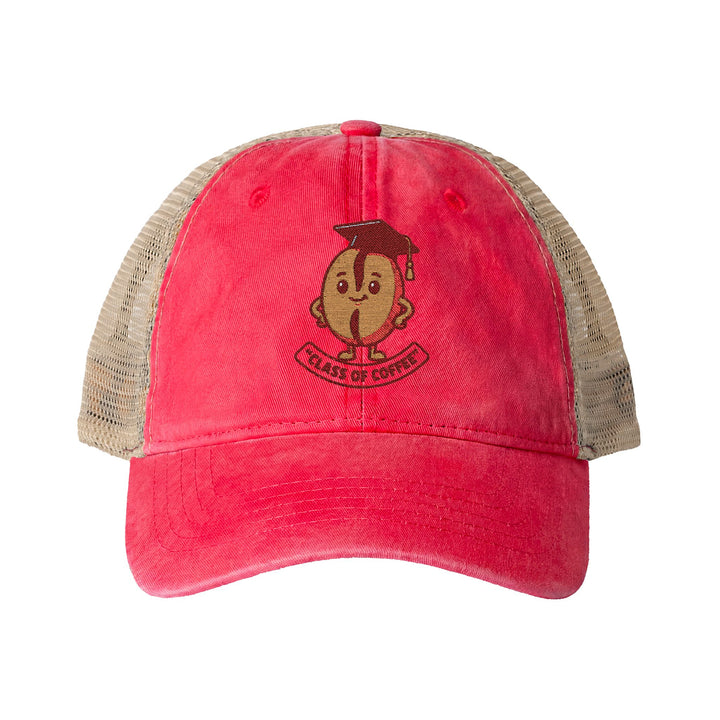 Red cap with mesh back and cartoon character logo on a white background