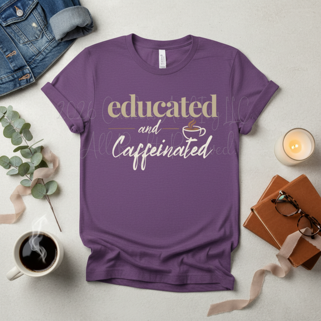 Educated and Caffeinated Shirt, Teacher Shirt, Coffee Lover Gift, Graduation Gift, Student Tee, Nursing Student Shirt, Book Lover Gift, Librarian Shirt, College Student Gift, Bella Canvas Graphic Tee