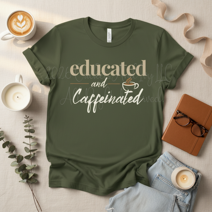 Educated and Caffeinated Shirt, Teacher Shirt, Coffee Lover Gift, Graduation Gift, Student Tee, Nursing Student Shirt, Book Lover Gift, Librarian Shirt, College Student Gift, Bella Canvas Graphic Tee