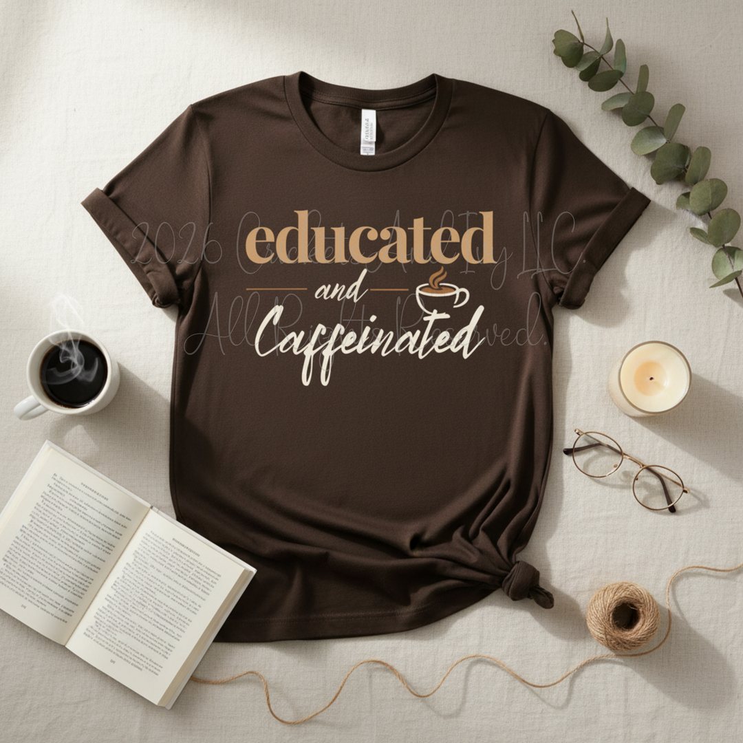 Educated and Caffeinated Shirt, Teacher Shirt, Coffee Lover Gift, Graduation Gift, Student Tee, Nursing Student Shirt, Book Lover Gift, Librarian Shirt, College Student Gift, Bella Canvas Graphic Tee