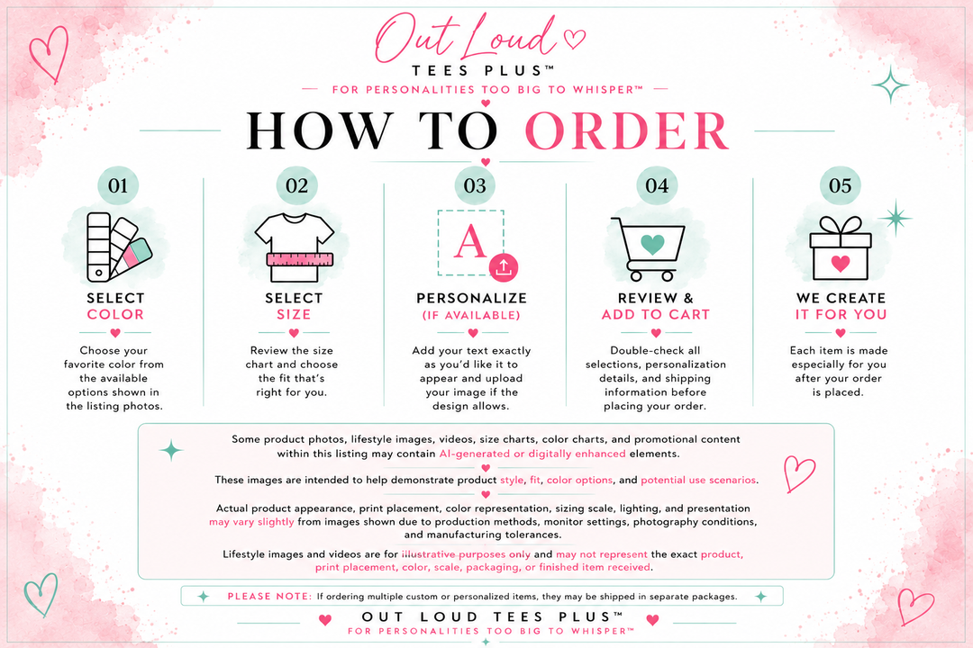 Step-by-step guide on how to order from Out Loud Tees Plus with colorful icons and text.