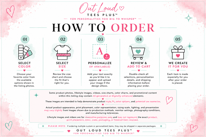 Step-by-step guide on how to order from Out Loud Tees Plus with colorful icons and text.