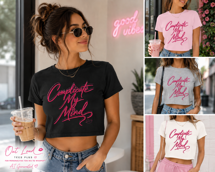 Woman wearing a black t-shirt with &