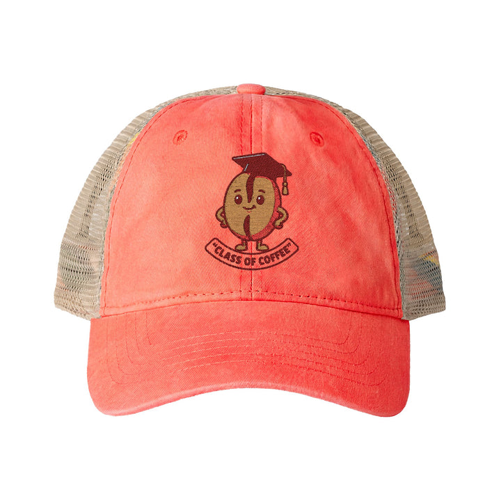 Red cap with mesh back and coffee-themed design on a white background