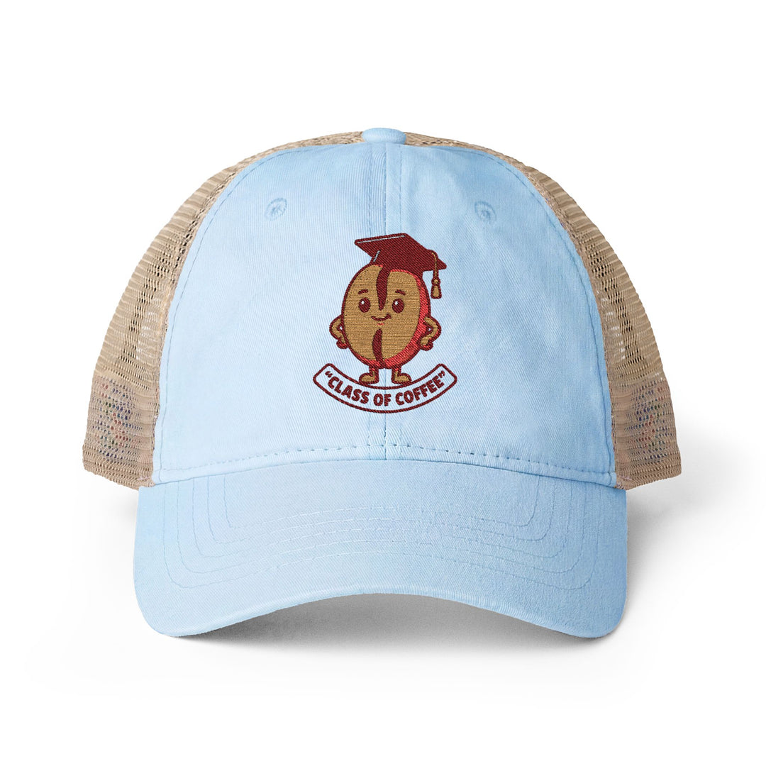 Light blue cap with brown mesh back and coffee bean design on a white background