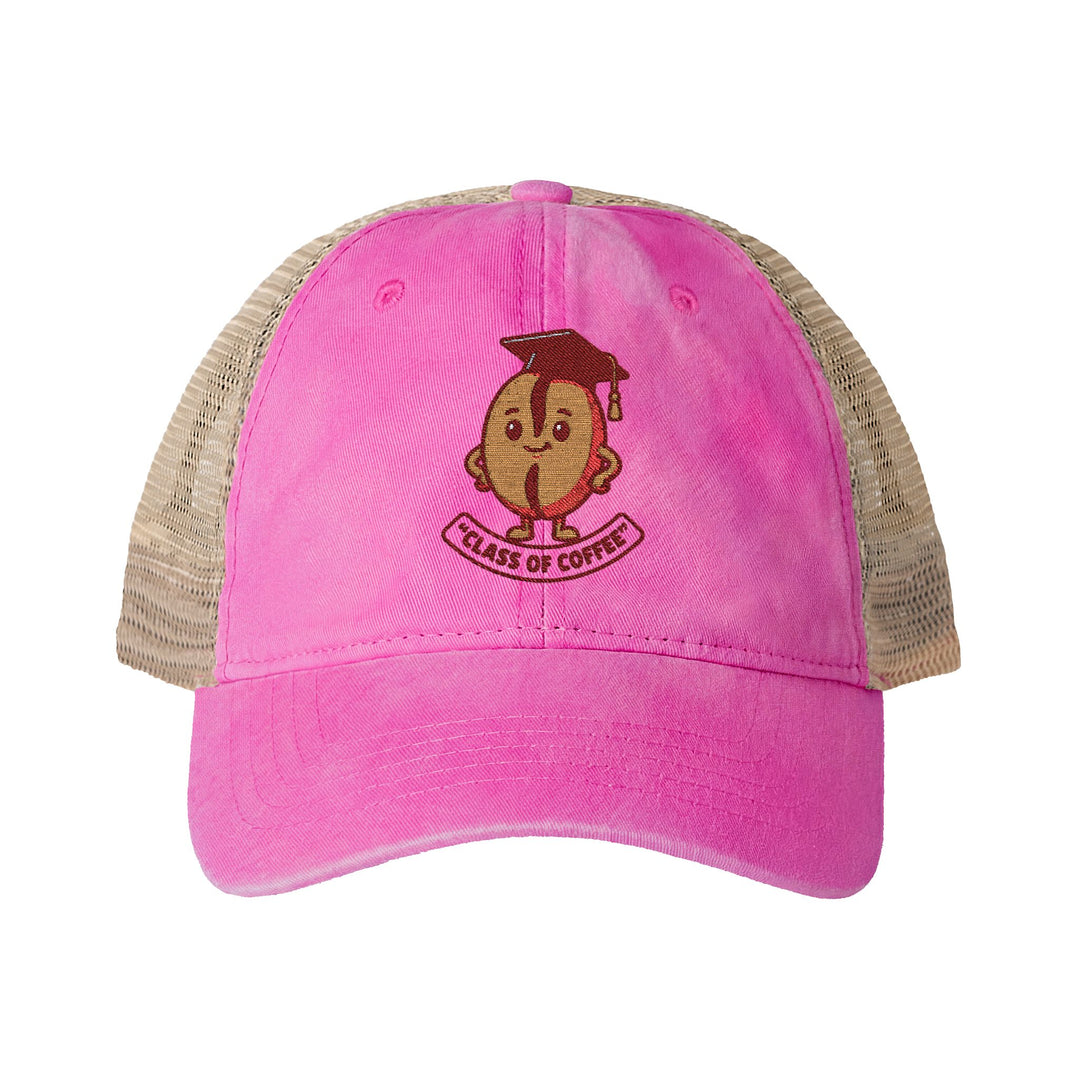 Pink cap with beige mesh back and cartoon character design on a white background