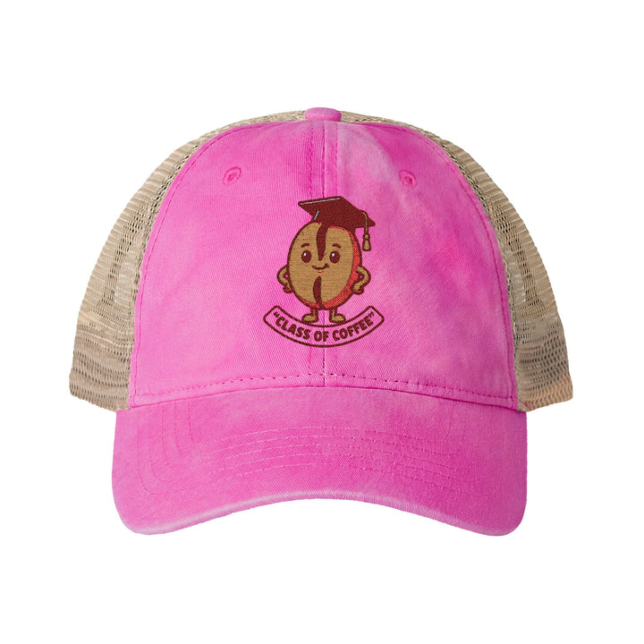 Pink cap with beige mesh back and cartoon character design on a white background