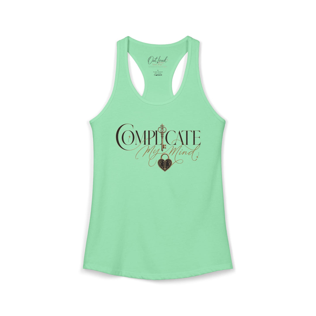 Mint green tank top with decorative text and design on a white background