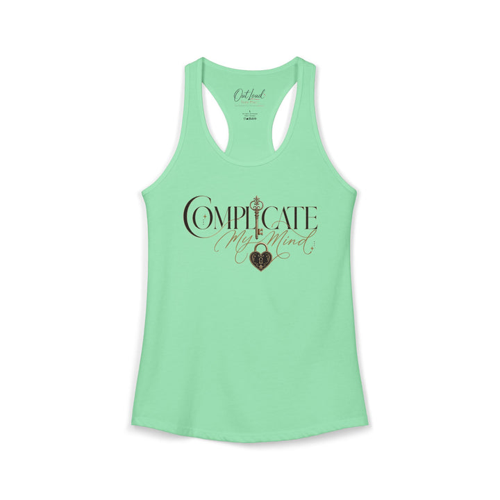 Mint green tank top with decorative text and design on a white background