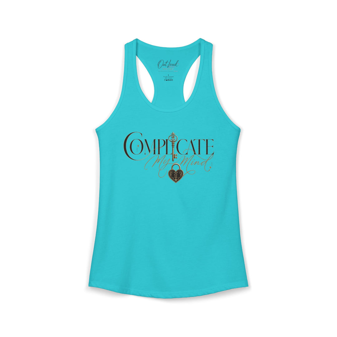 Turquoise tank top with decorative text and design on a white background