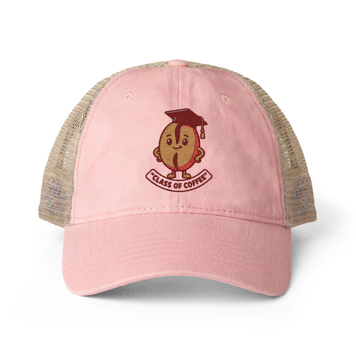 Pink cap with mesh back and cartoon character design on a white background