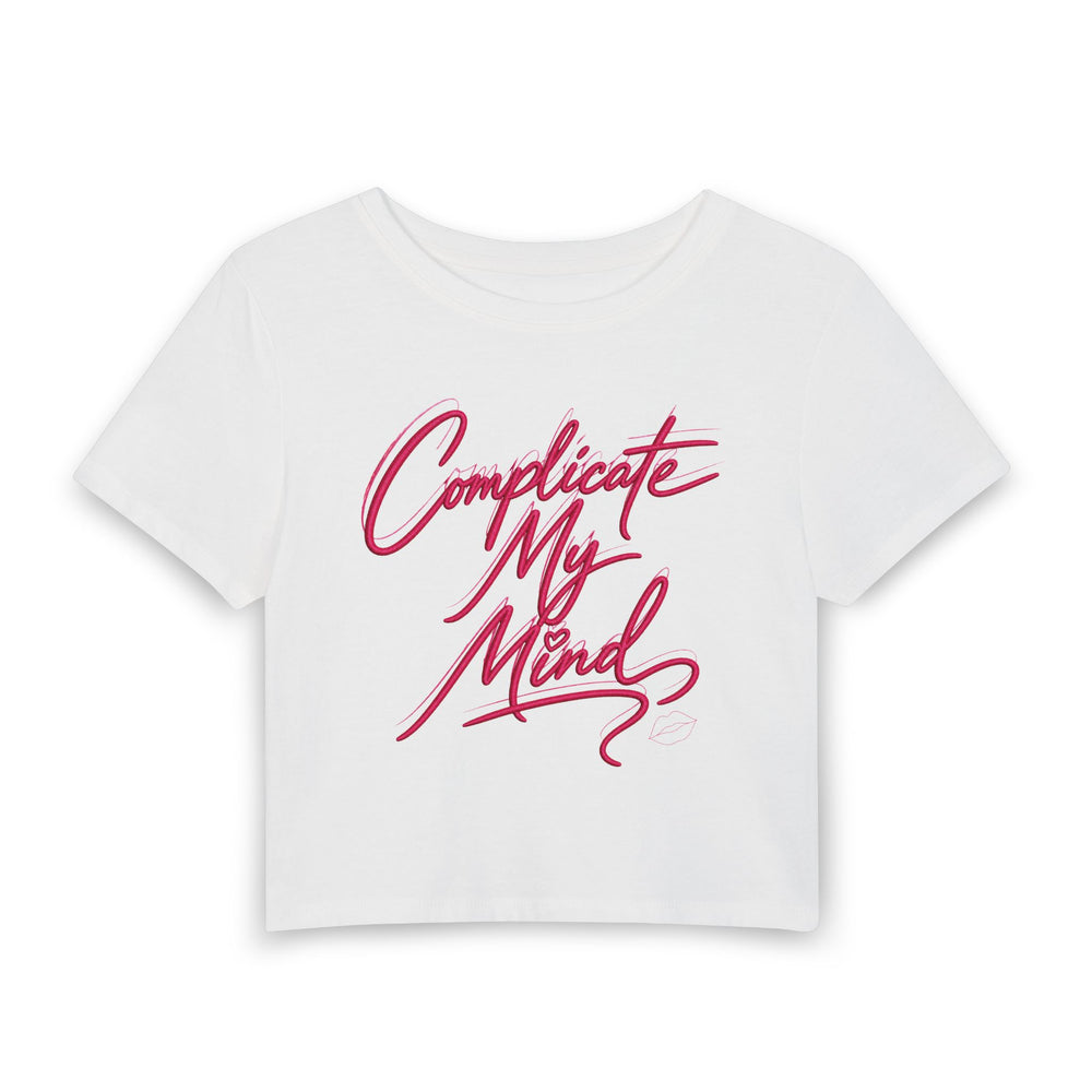 White crop top with pink text on a white background