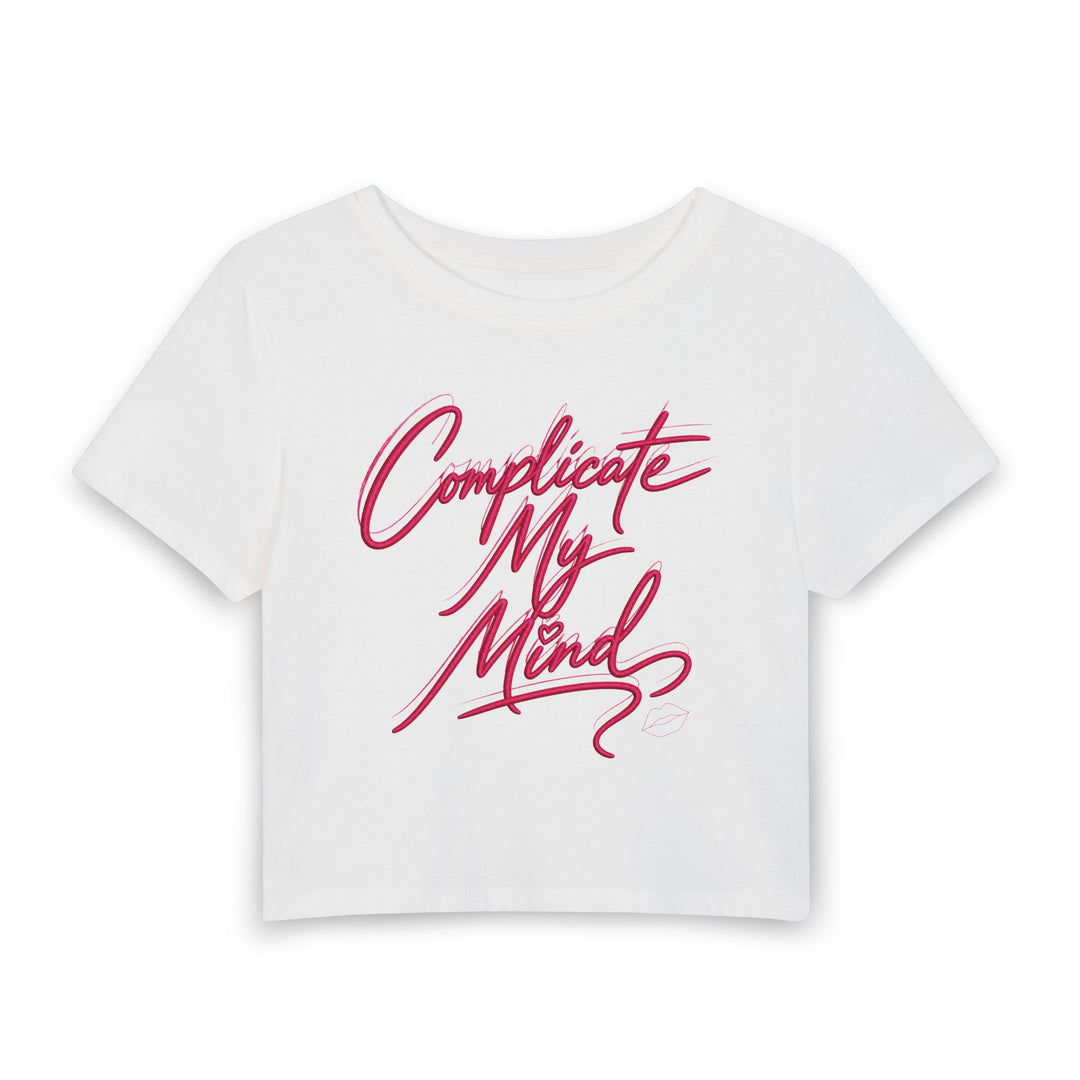 White crop top with pink text on a white background