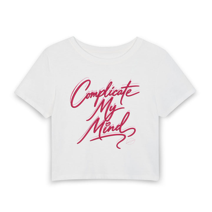 White crop top with pink text on a white background