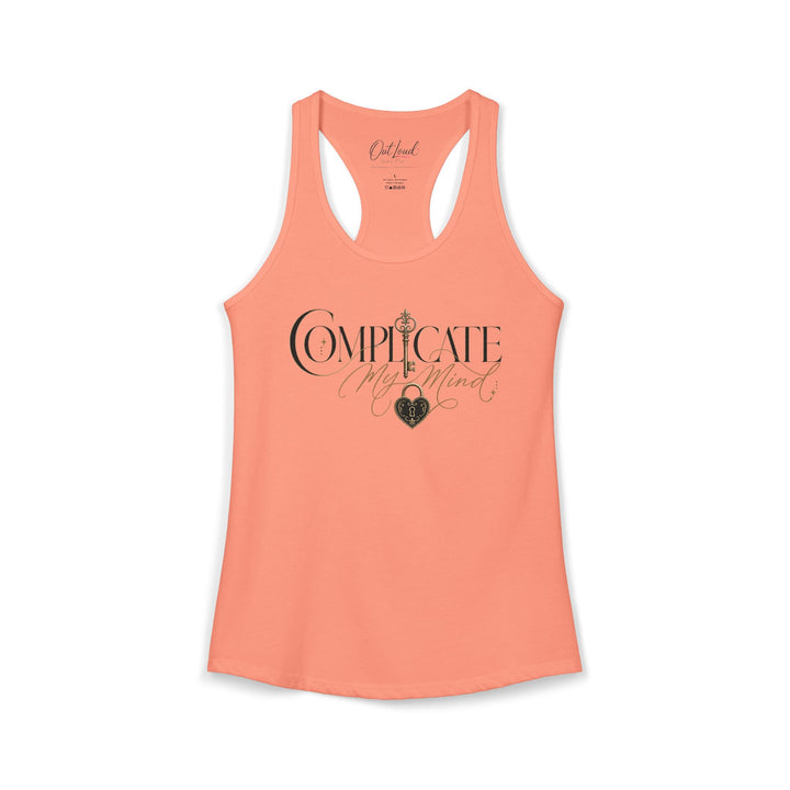 Coral tank top with black text and design on a white background