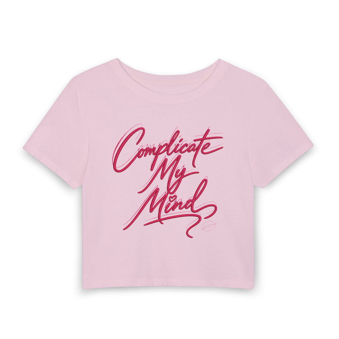 Pink crop top with red text on a white background