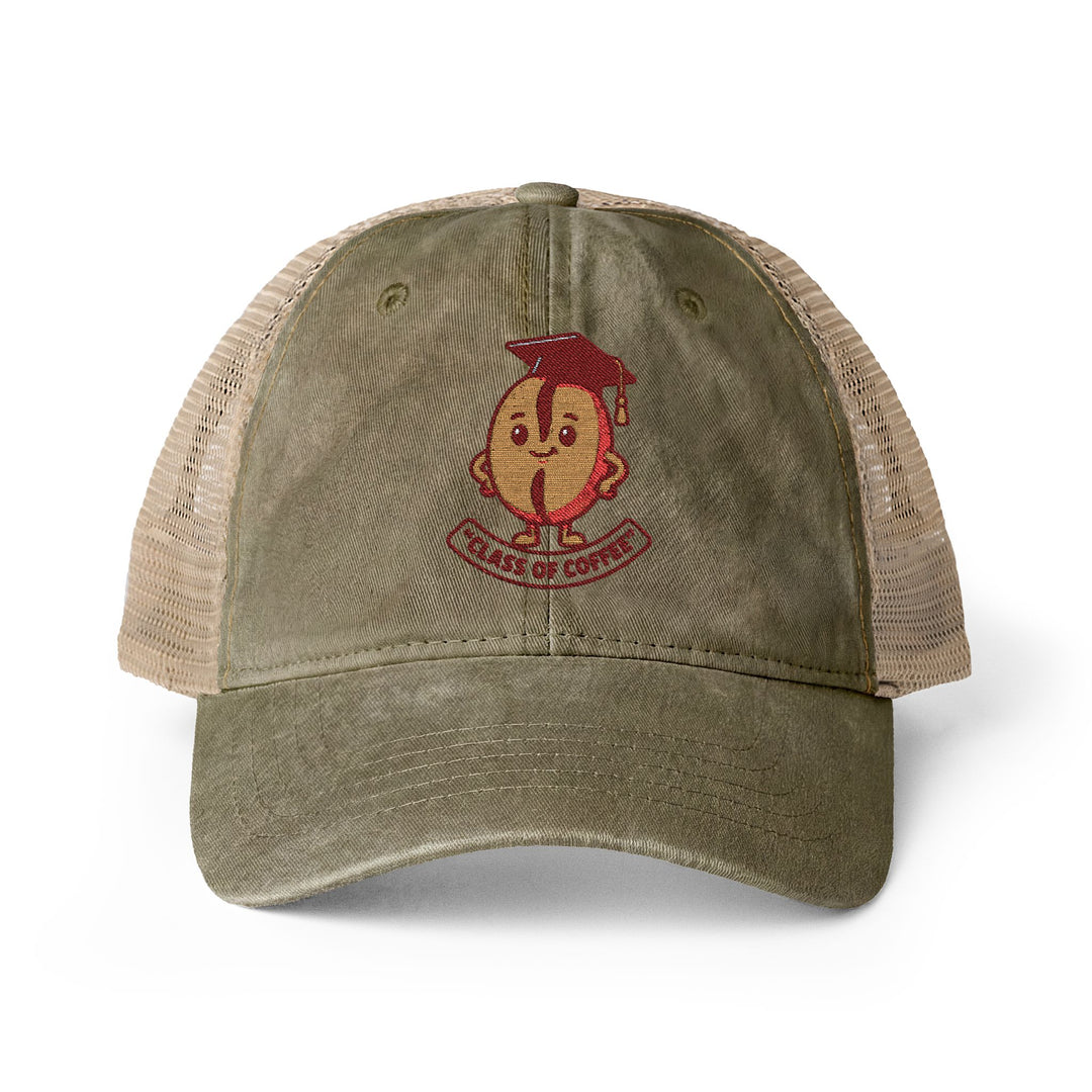 Olive green trucker hat with text and red rose design on a white background