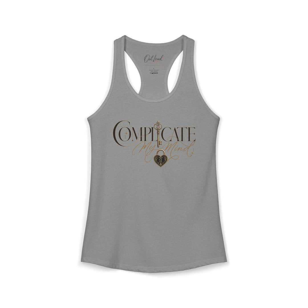 Gray tank top with decorative text and design on a white background