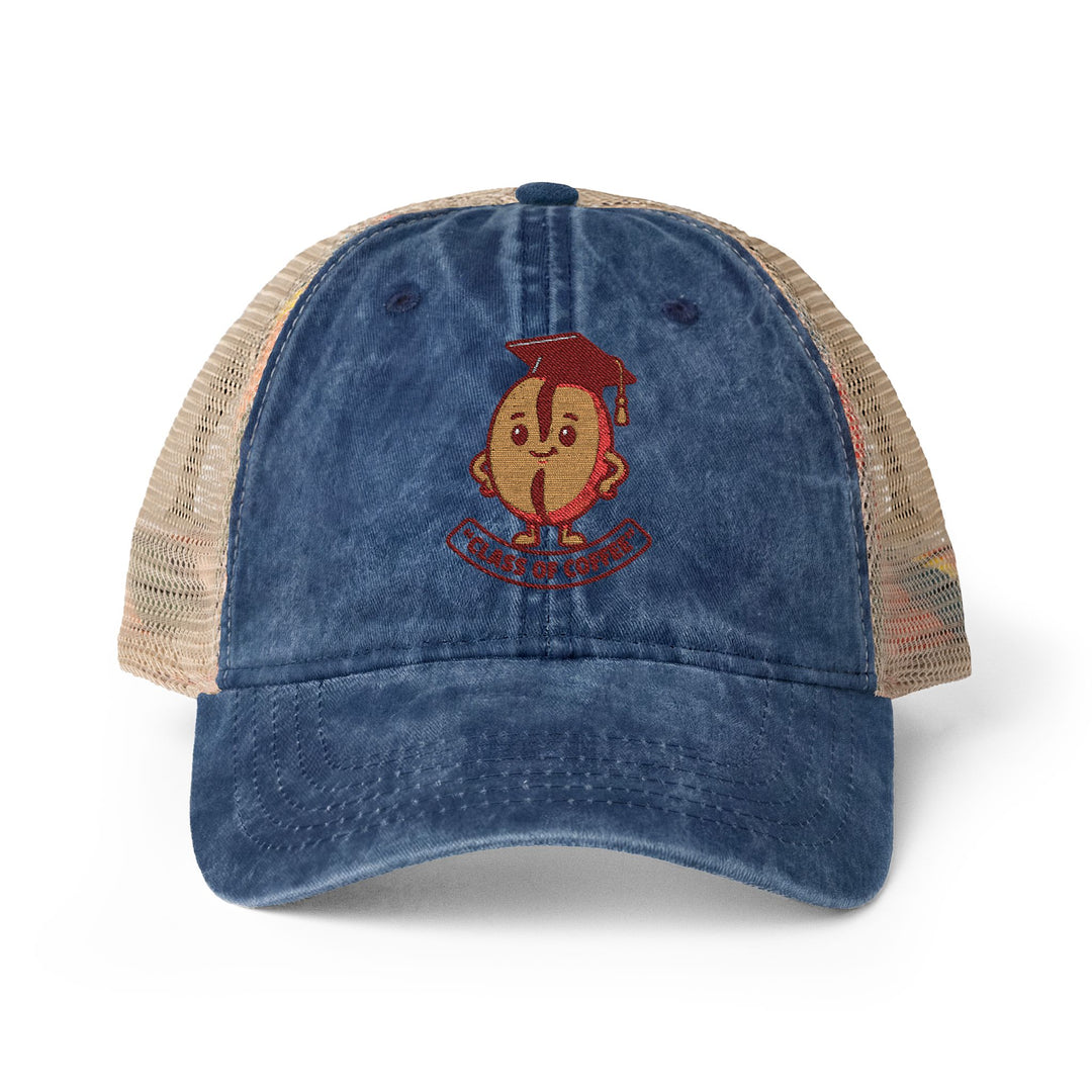 Blue trucker cap with beige mesh back and cartoon character on a white background