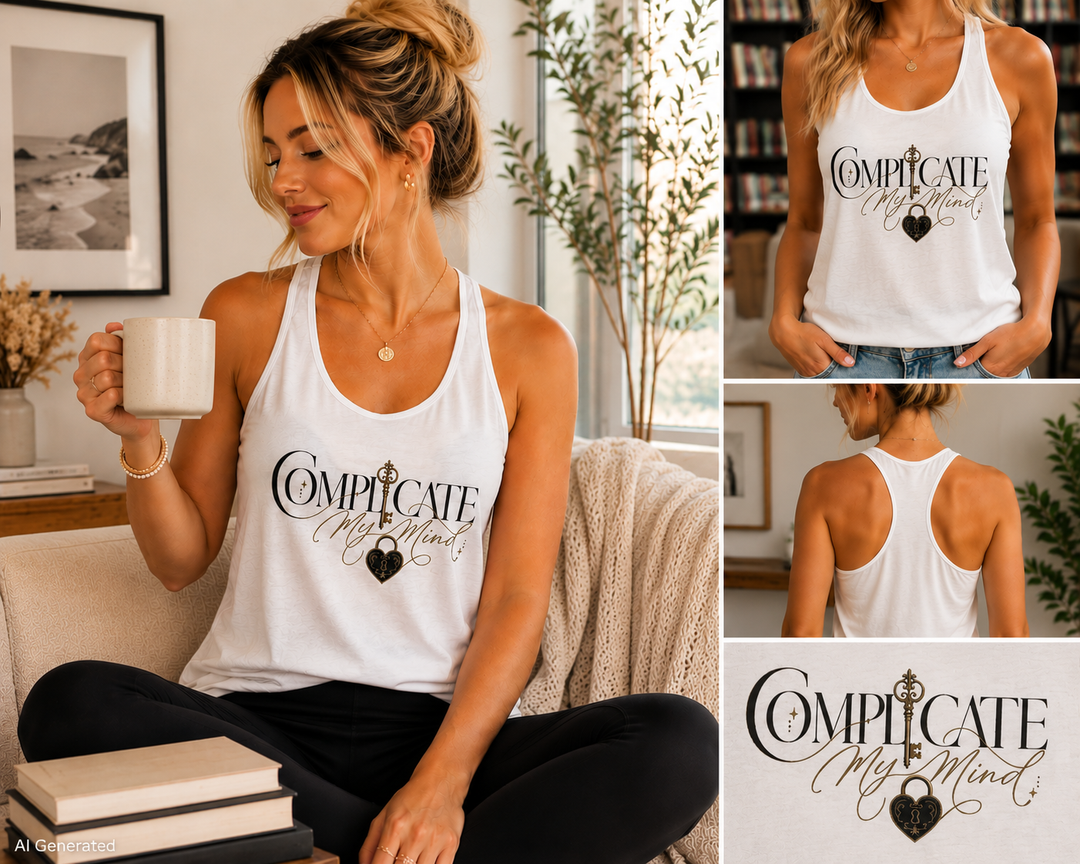 Woman wearing a white tank top with text, sitting on a couch holding a mug.