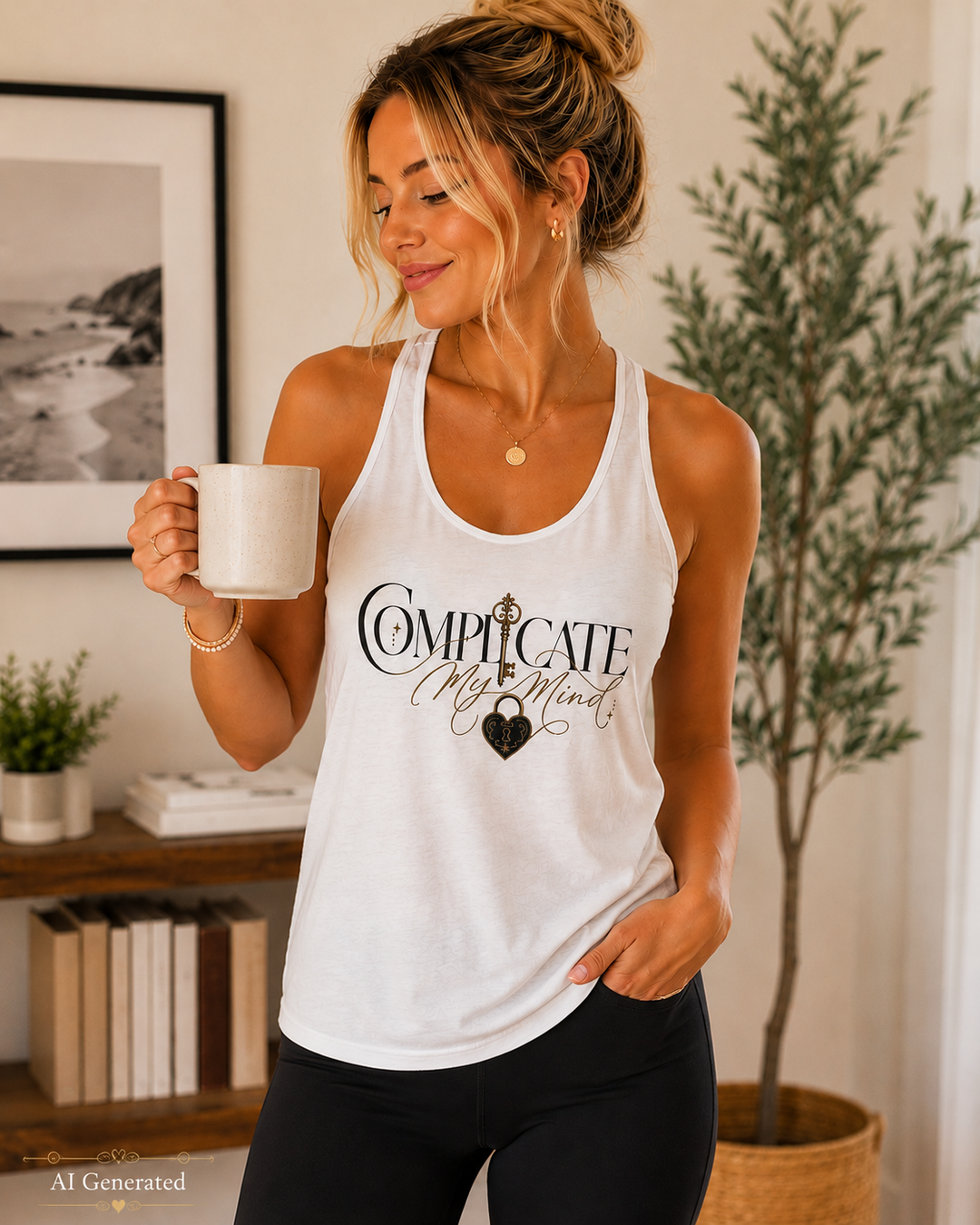 Woman wearing a white tank top with text, holding a mug in a home setting.