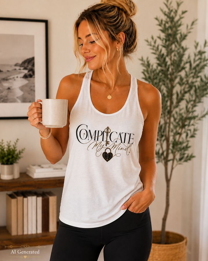 Woman wearing a white tank top with text, holding a mug in a home setting.
