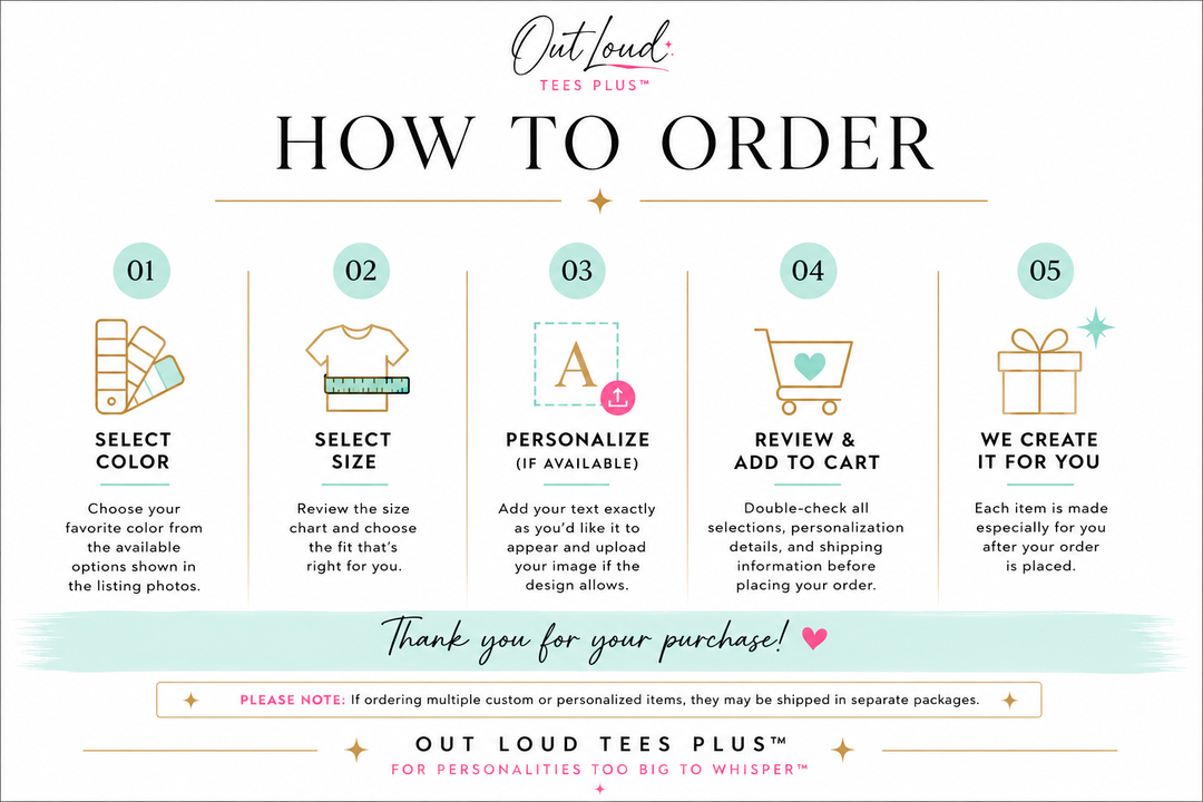 Step-by-step guide on how to order from Out Loud Tees Plus with icons and text.