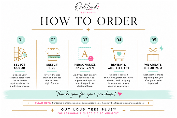 Step-by-step guide on how to order from Out Loud Tees Plus with icons and text.