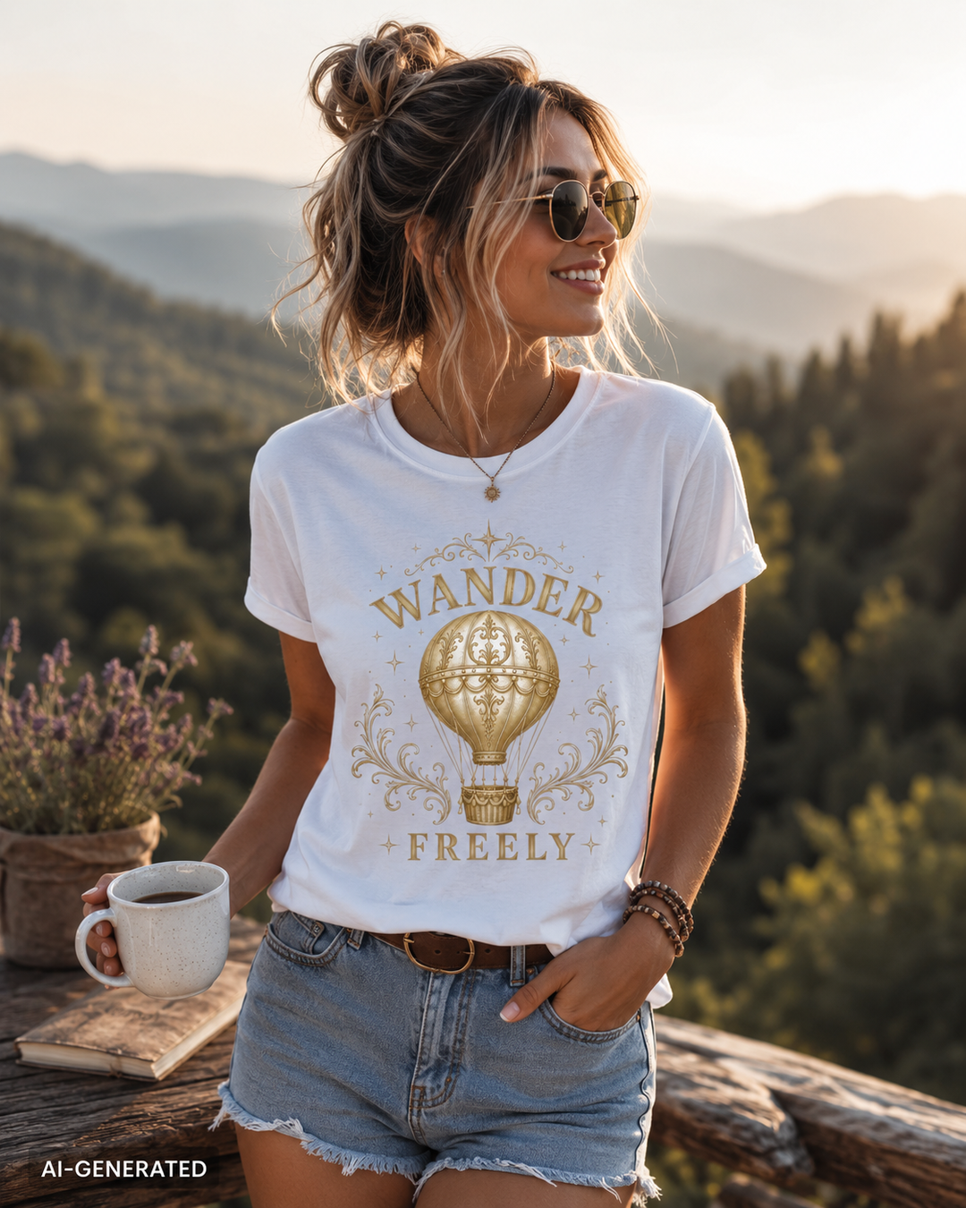 Woman wearing a 'Wander Freely' t-shirt with a hot air balloon graphic, standing outdoors with mountains and trees in the background.