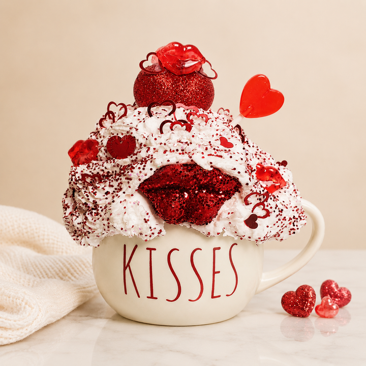 KISSES Valentine Fake Bake Mug Decor | Glam Valentine Coffee Bar Decor | Faux Whipped Cream Mug | Romantic Tiered Tray Decor | One of a Kind