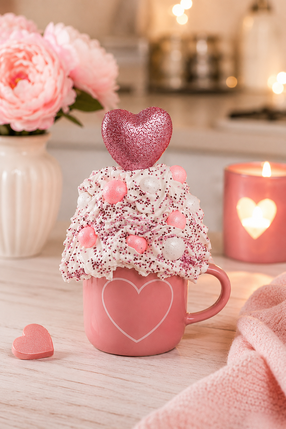 Decorative pink mug with heart design, topped with a candy-like heart and surrounded by flowers and candles.