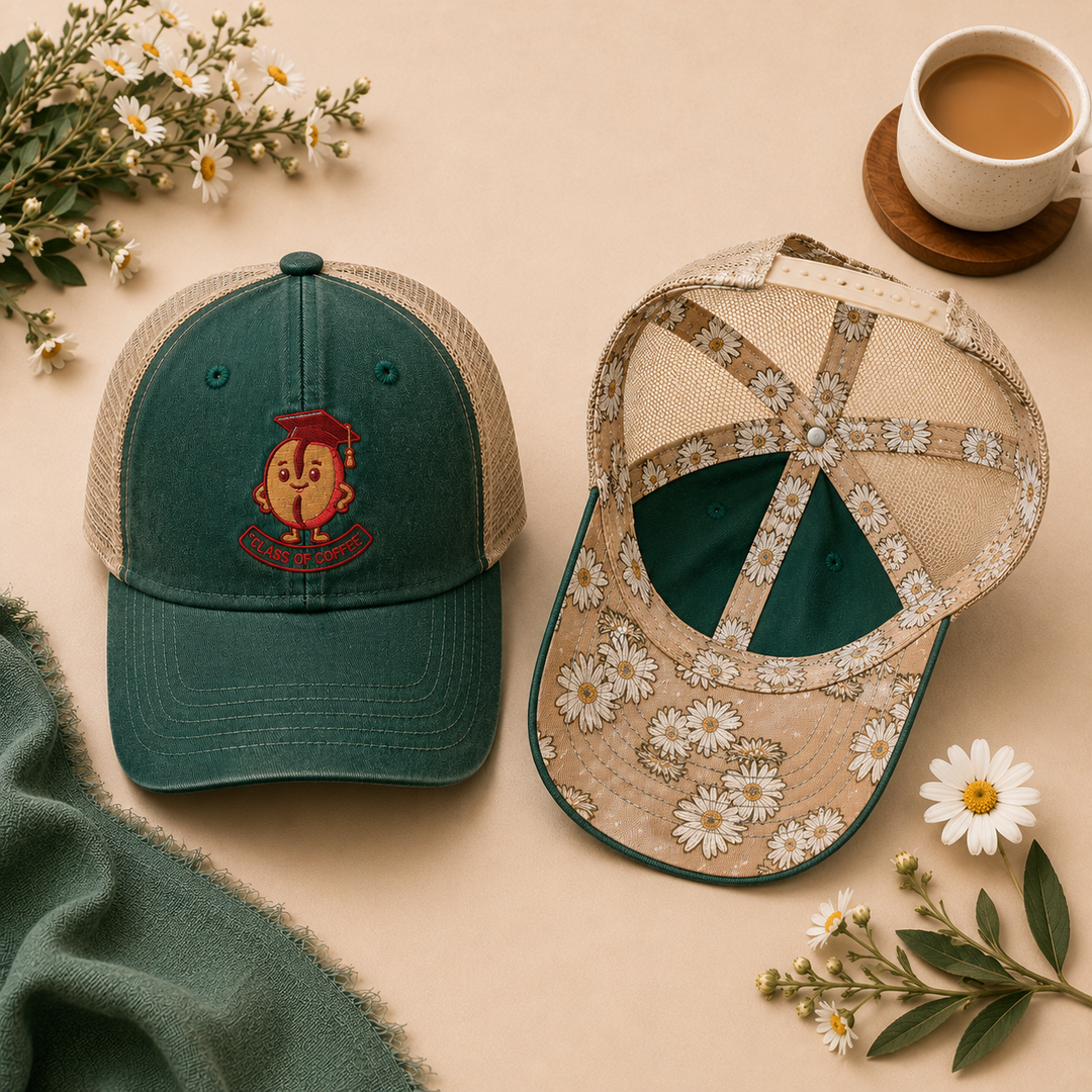 Two baseball caps on a beige surface with flowers and a cup of coffee.