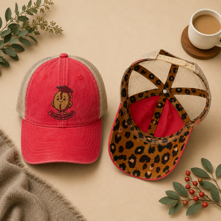 Two baseball caps on a beige surface with a cup of coffee and decorative elements.
