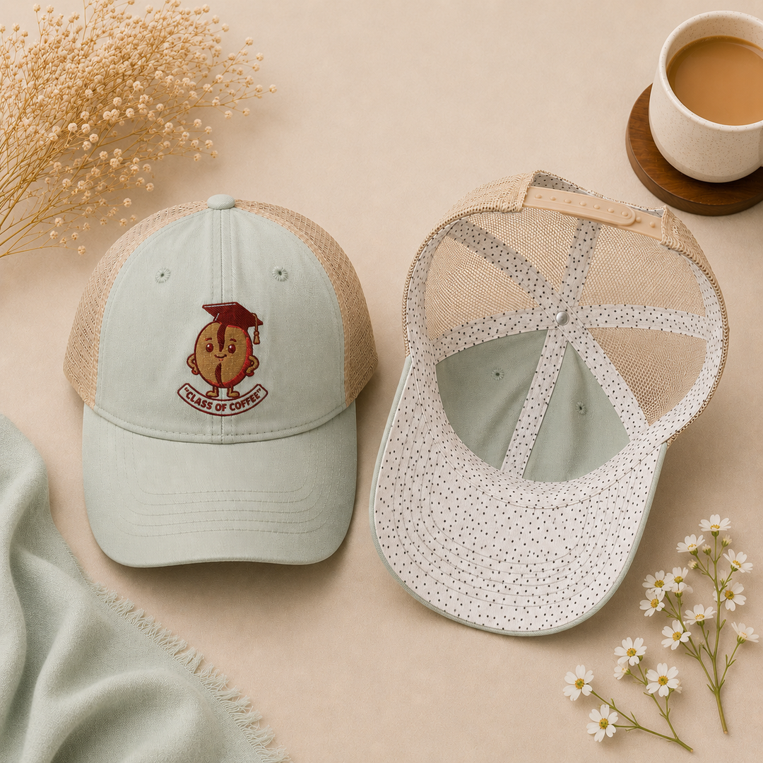 Two baseball caps on a beige surface with flowers and a cup of coffee.