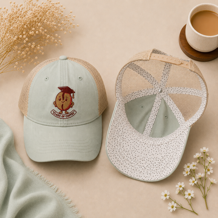 Two baseball caps on a beige surface with flowers and a cup of coffee.