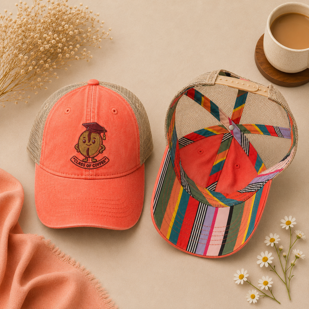 Two baseball caps on a beige surface with flowers and a cup of coffee.