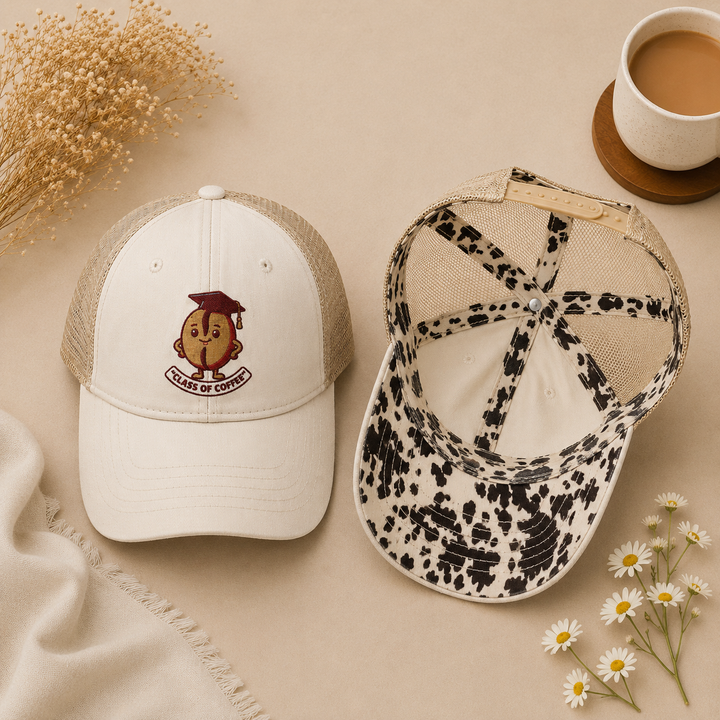 Two baseball caps on a beige surface with flowers and a cup of coffee.