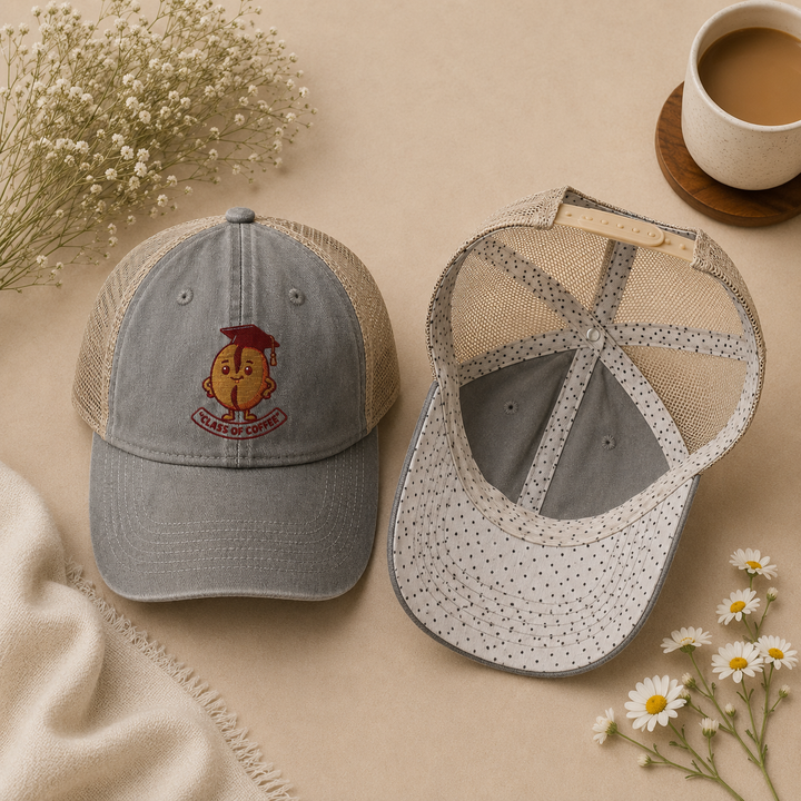 Two baseball caps on a beige surface with flowers and a cup of coffee.