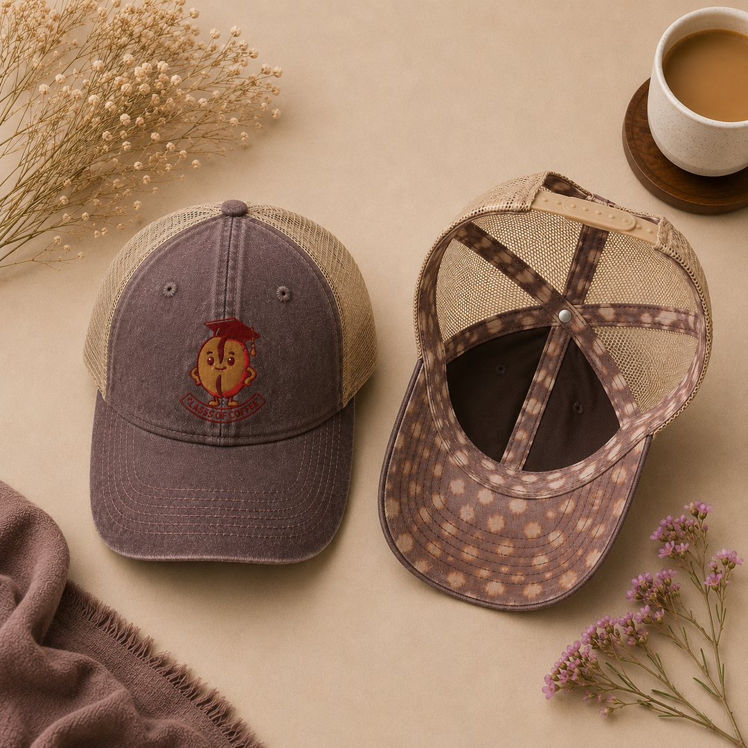 Two baseball caps on a beige surface with a cup of coffee and flowers.