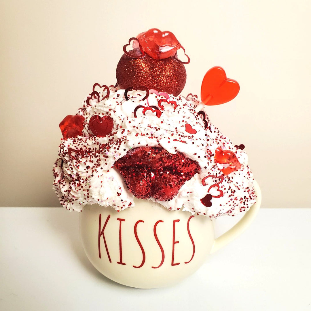 KISSES Valentine Fake Bake Mug Decor | Glam Valentine Coffee Bar Decor | Faux Whipped Cream Mug | Romantic Tiered Tray Decor | One of a Kind